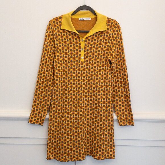 ZARA Mod Geo Floral Knit Polo Dress – Size Small - Picture 1 of 4